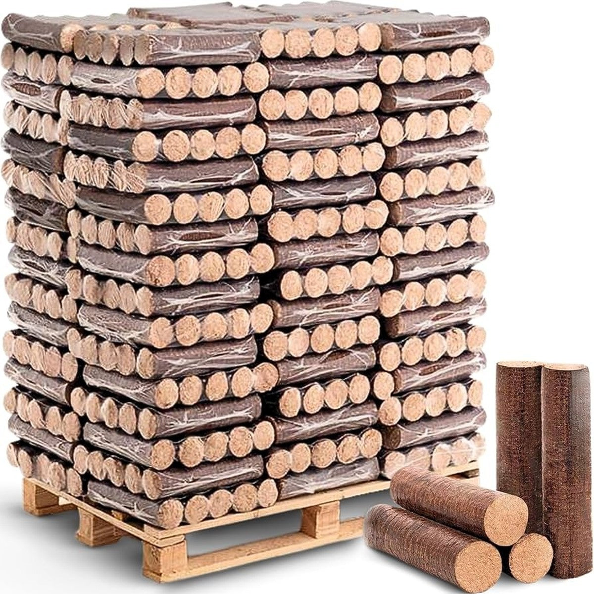 Palette de briquettes et bûches de bois densifié
