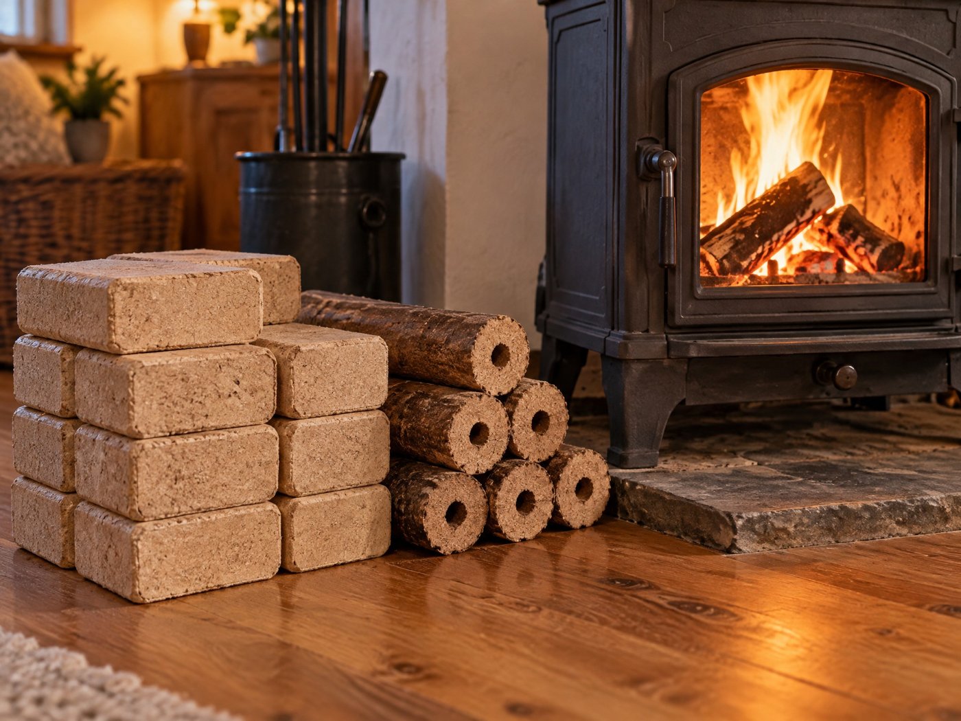 Briquettes de bois compressé devant un poêle à bois allumé